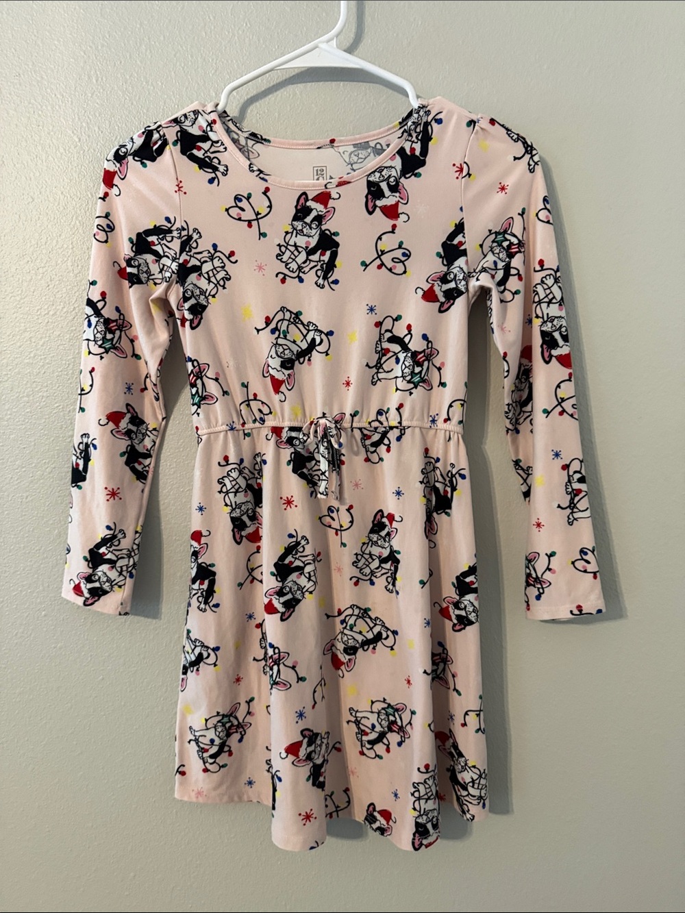 Girls' Pink Long-Sleeve Holiday Doggies Print Dress